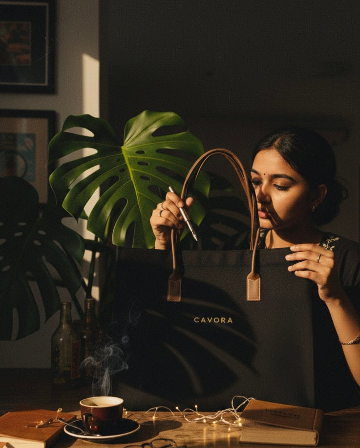 Woman holding a black CAYORA bag in a dimly lit room with plants and books on a table.