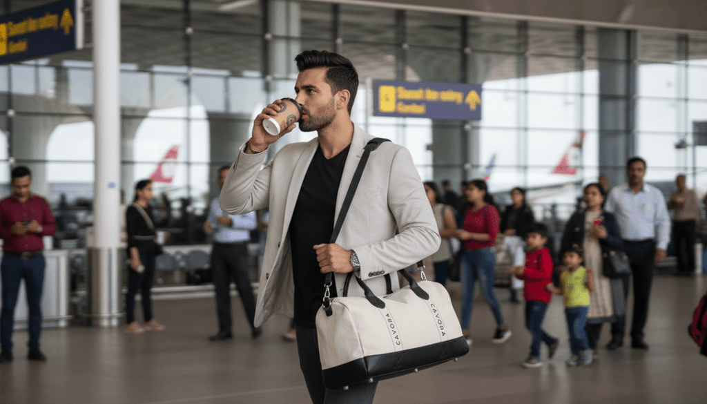 Man in an airport holding a coffee and a handbag, with other passengers in the background.