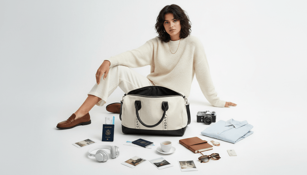 Woman sitting with a travel bag and various items on a white background