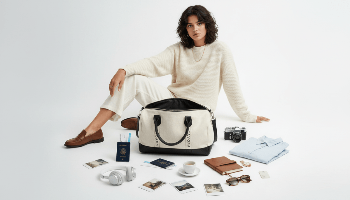 Woman sitting with a travel bag and various items on a white background