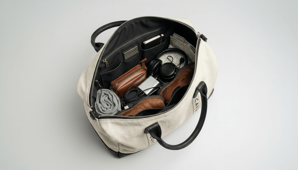 Open beige duffel bag with travel items on a light gray background