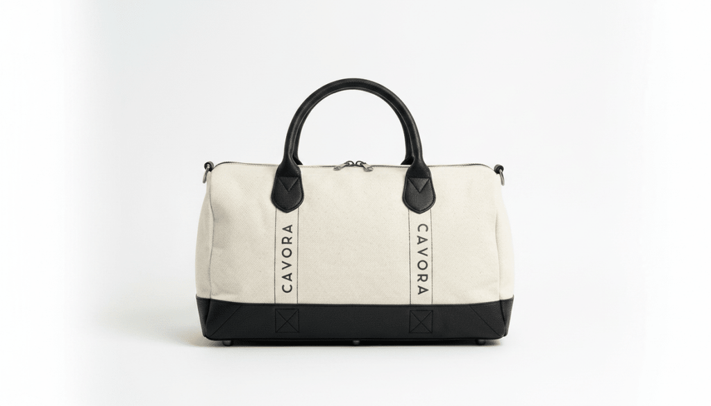 White handbag with black accents and 'Cavora' branding on a white background