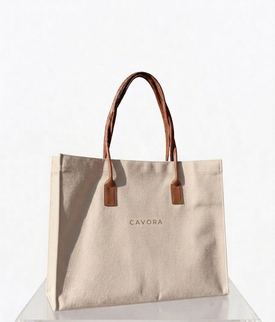 Karigari Cotton Tote Bag | Stylish Canvas Tote with Vegan Leather Handles - Cavora Karigari Cotton Tote Bag | Stylish Canvas Tote with Vegan Leather Handles