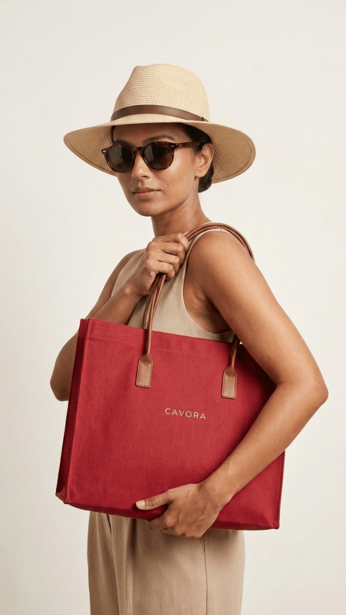 Woman holding a red tote bag with 'Cavora' branding against a beige background