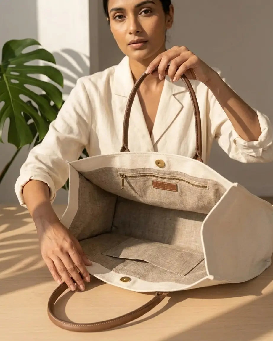 Karigari Cotton Tote Bag | Stylish Canvas Tote with Vegan Leather Handles - Cavora