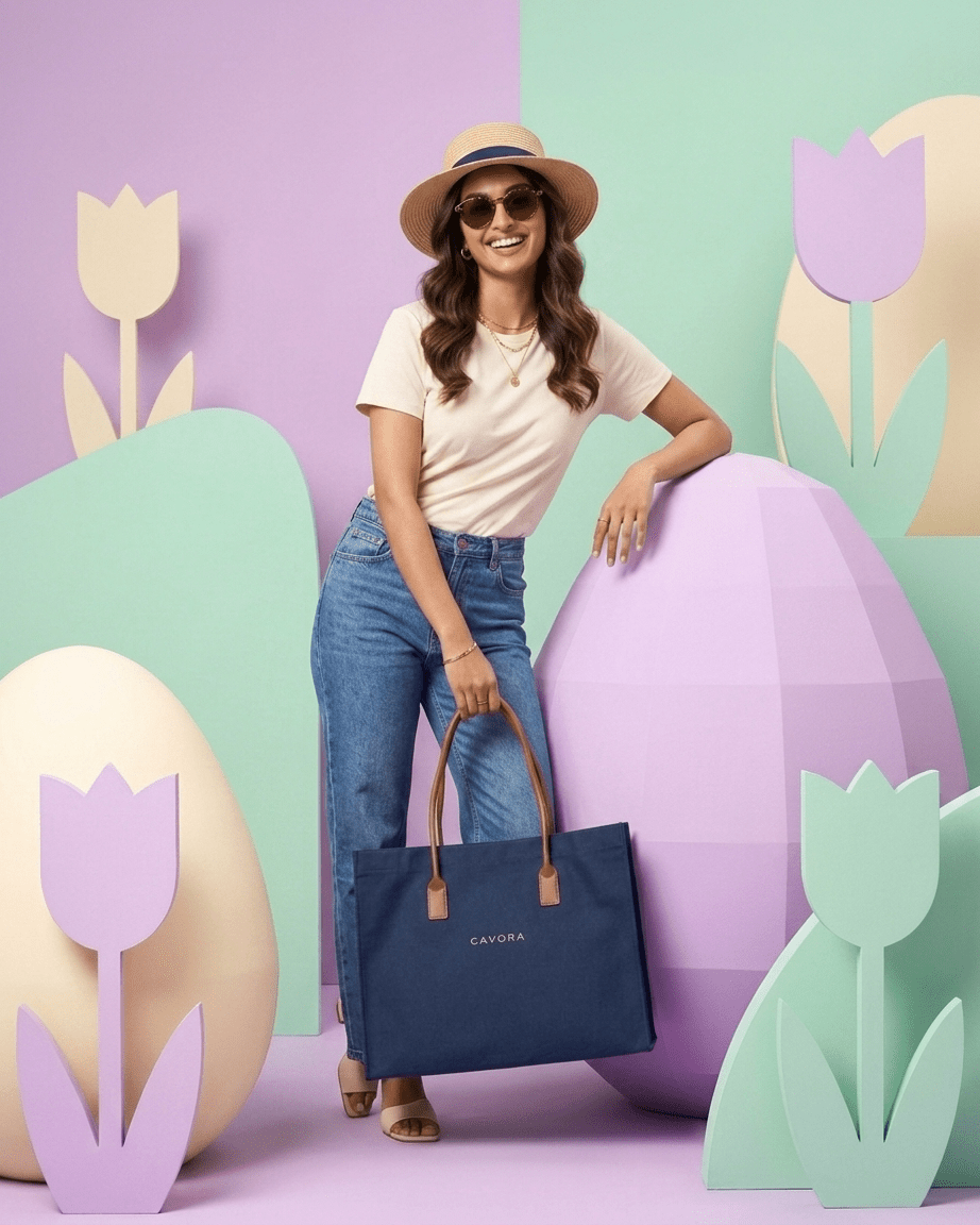 Karigari Cotton Tote Bag | Stylish Canvas Tote with Vegan Leather Handles - Cavora Karigari Cotton Tote Bag | Stylish Canvas Tote with Vegan Leather Handles