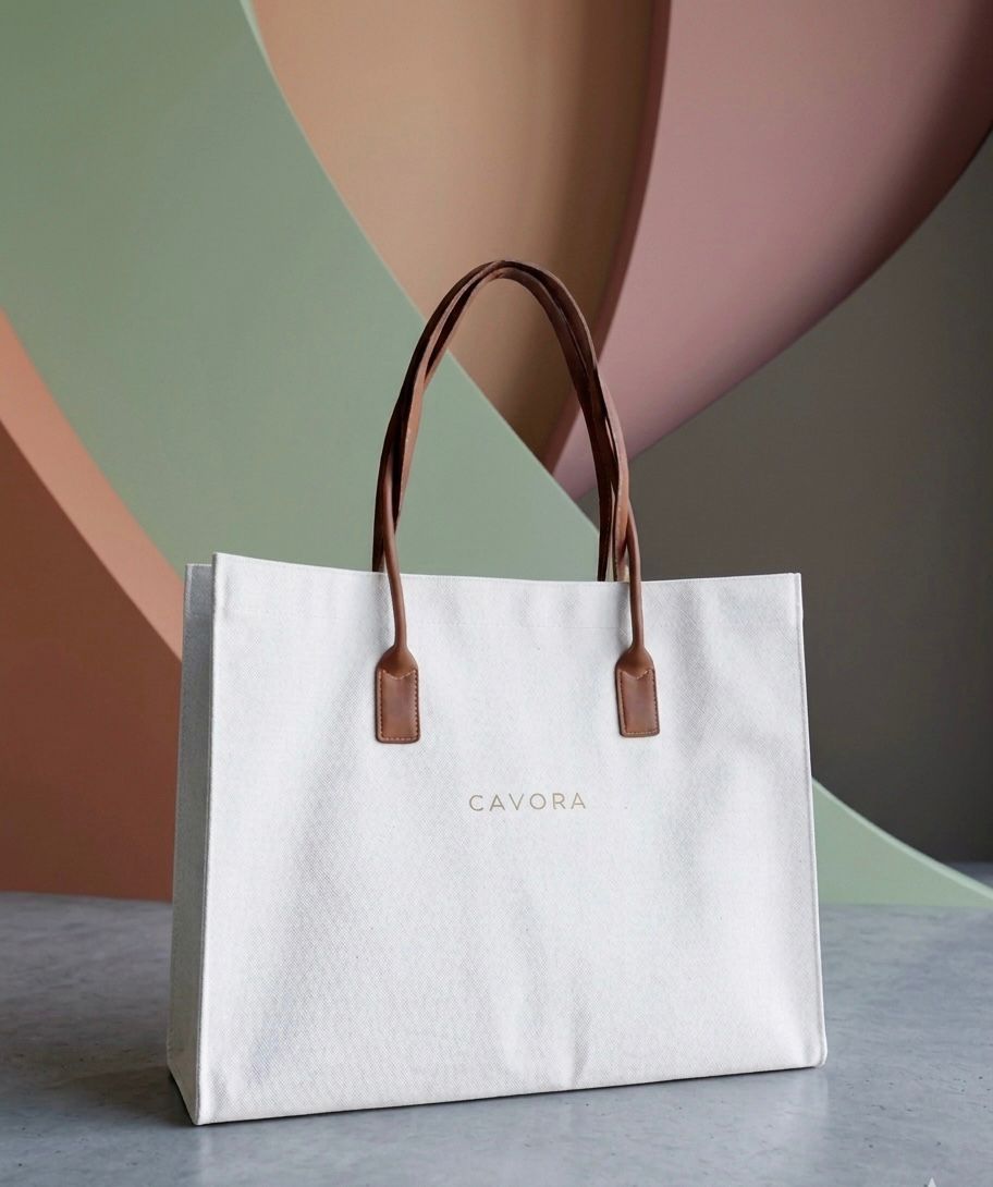 White tote bag with brown handles and 'Cavora' branding on a neutral background