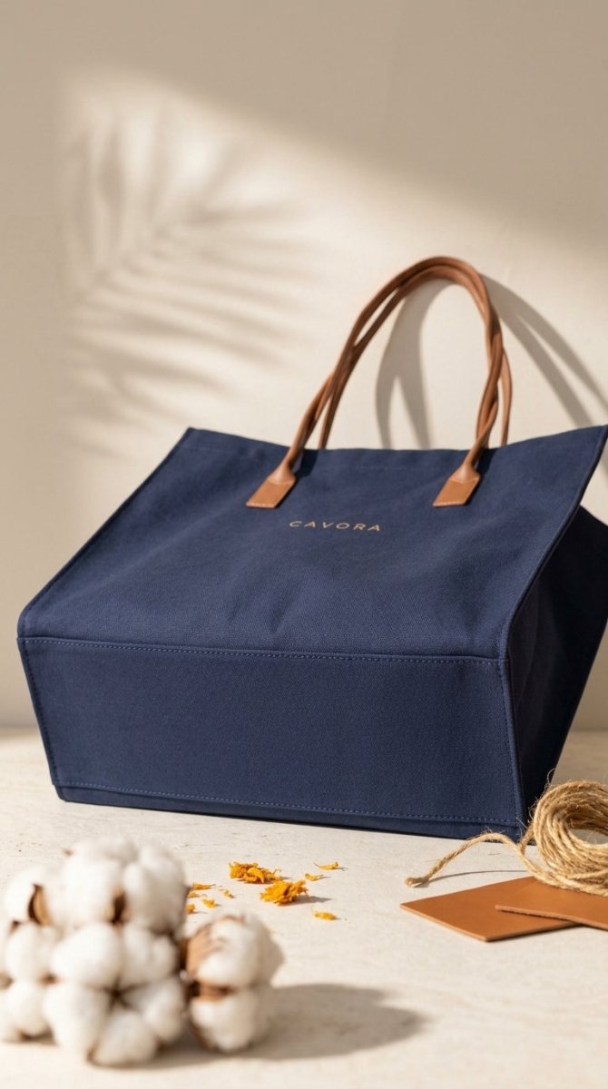 Karigari Cotton Tote Bag | Stylish Canvas Tote with Vegan Leather Handles - Cavora Karigari Cotton Tote Bag | Stylish Canvas Tote with Vegan Leather Handles