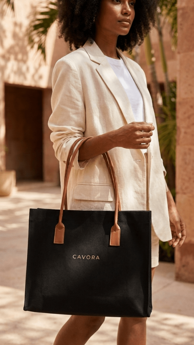 Karigari Cotton Tote Bag | Stylish Canvas Tote with Vegan Leather Handles - Cavora Karigari Cotton Tote Bag | Stylish Canvas Tote with Vegan Leather Handles