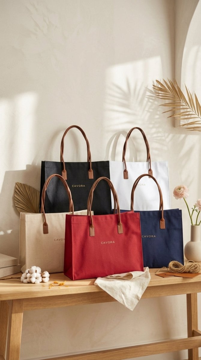 Karigari Cotton Tote Bag | Stylish Canvas Tote with Vegan Leather Handles - Cavora Karigari Cotton Tote Bag | Stylish Canvas Tote with Vegan Leather Handles