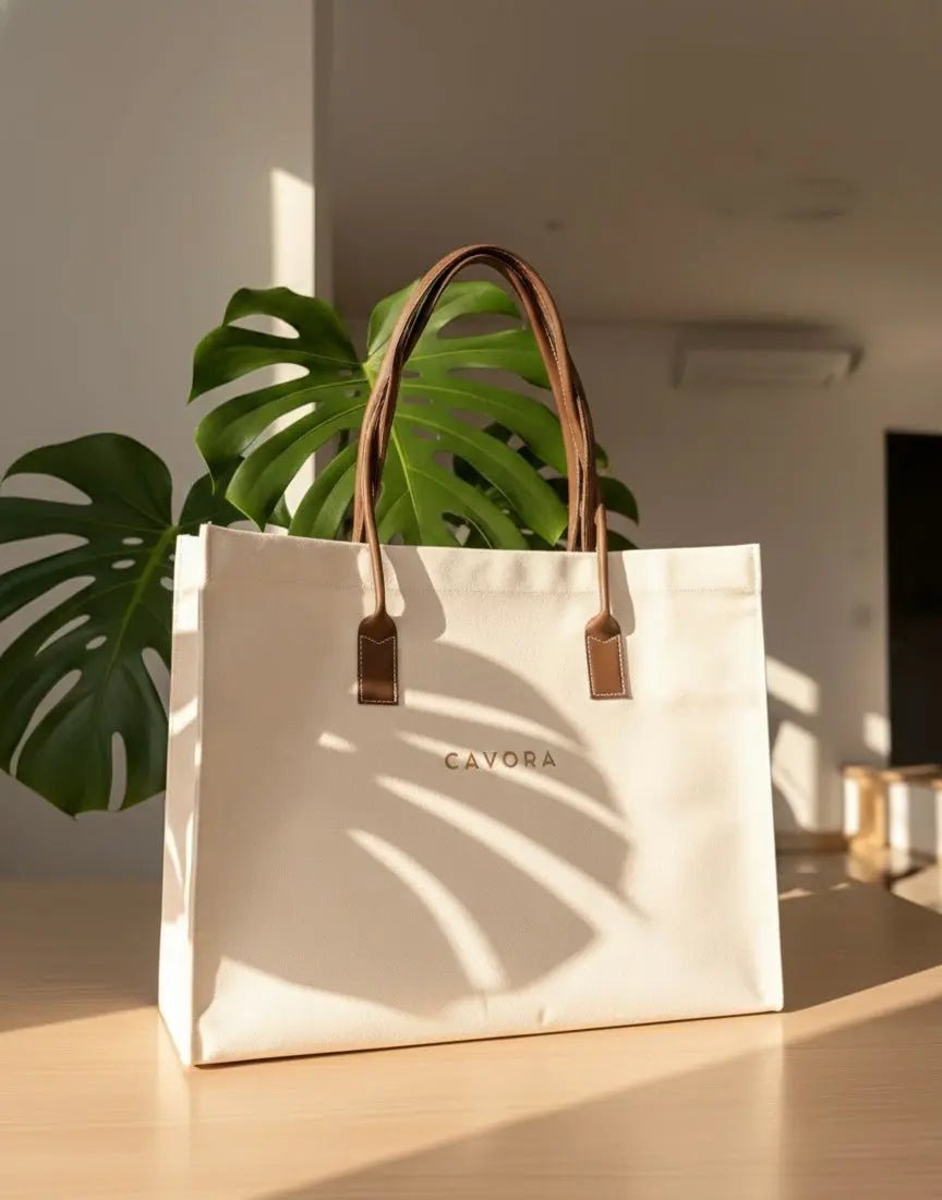 Karigari Cotton Tote Bag | Stylish Canvas Tote with Vegan Leather Handles - Cavora