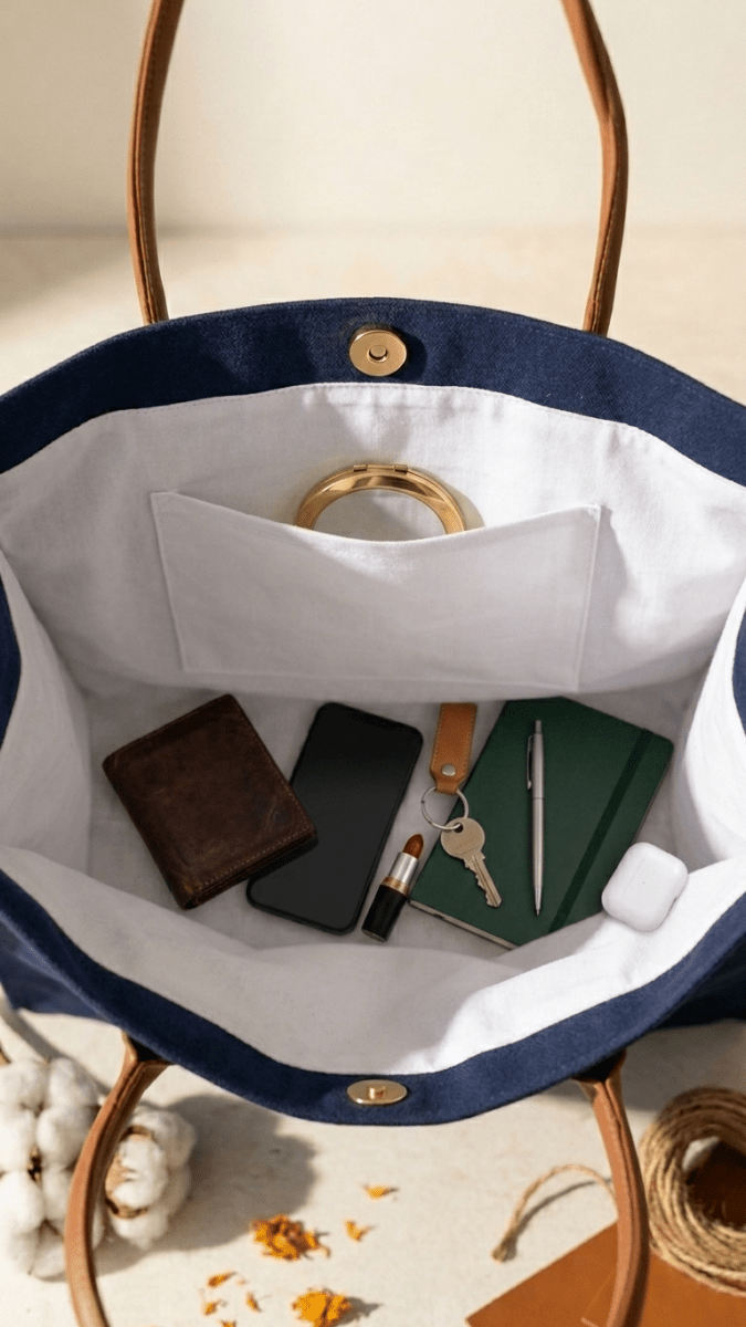 Karigari Cotton Tote Bag | Stylish Canvas Tote with Vegan Leather Handles - Cavora Karigari Cotton Tote Bag | Stylish Canvas Tote with Vegan Leather Handles