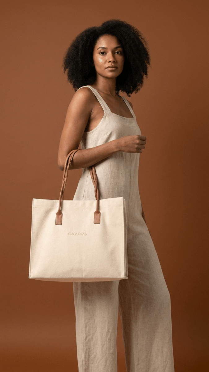 Karigari Cotton Tote Bag | Stylish Canvas Tote with Vegan Leather Handles - Cavora Karigari Cotton Tote Bag | Stylish Canvas Tote with Vegan Leather Handles